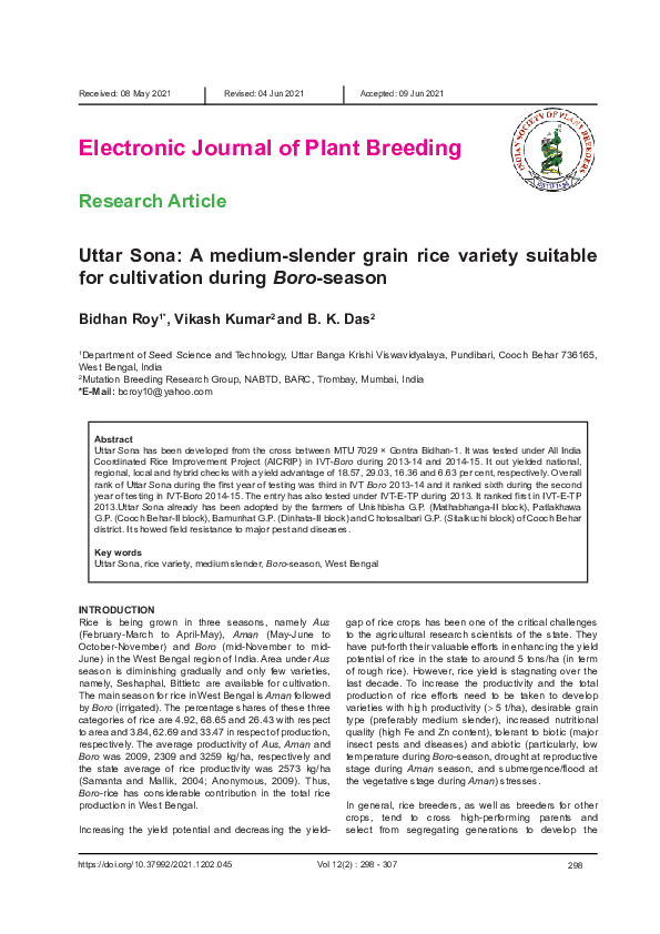 (PDF) Uttar Sona: A medium-slender grain rice variety suitable for ...