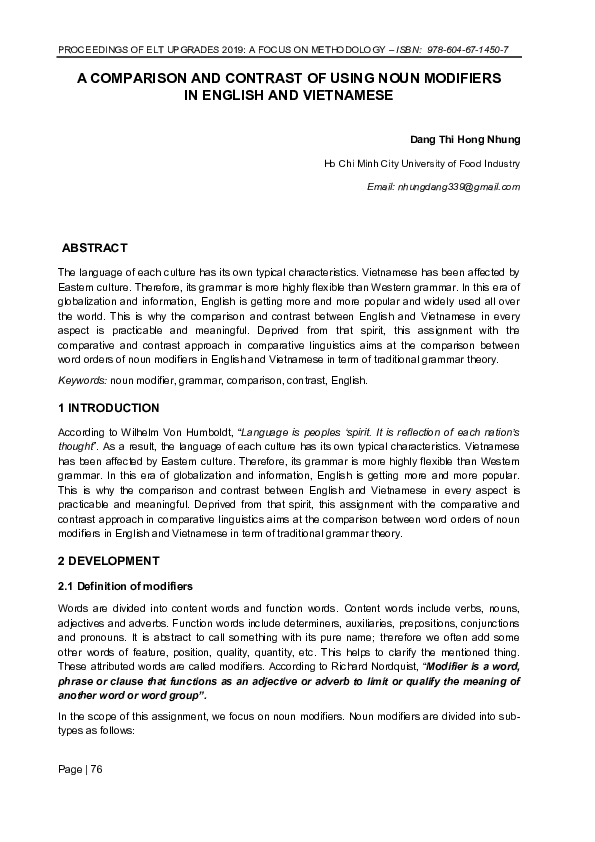 (PDF) A comparison and contrast of using noun modifiers in English and ...