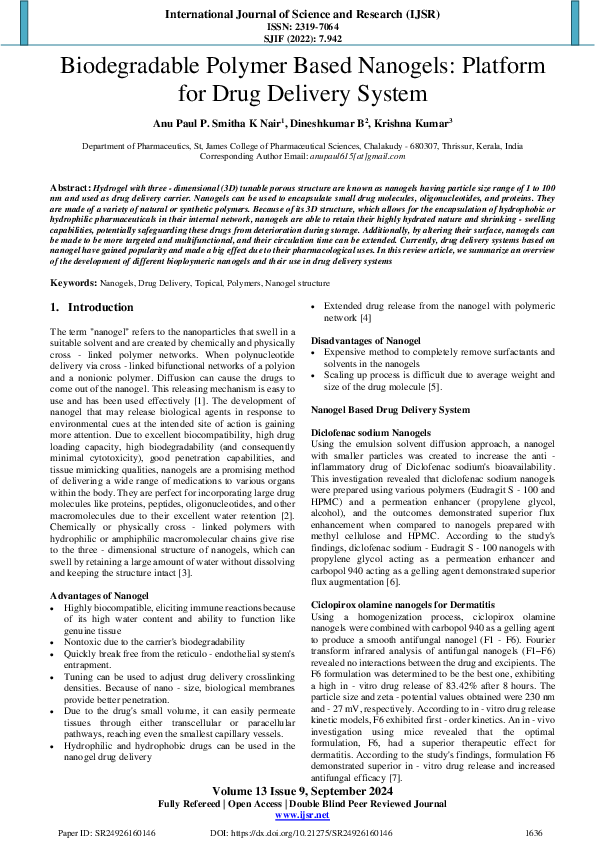 (PDF) Biodegradable Polymer Based Nanogels: Platform for Drug Delivery ...