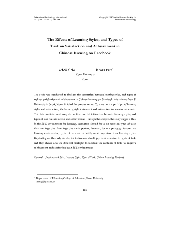 (PDF) The Effects of Learning Styles, and Types of Task on Satisfaction ...