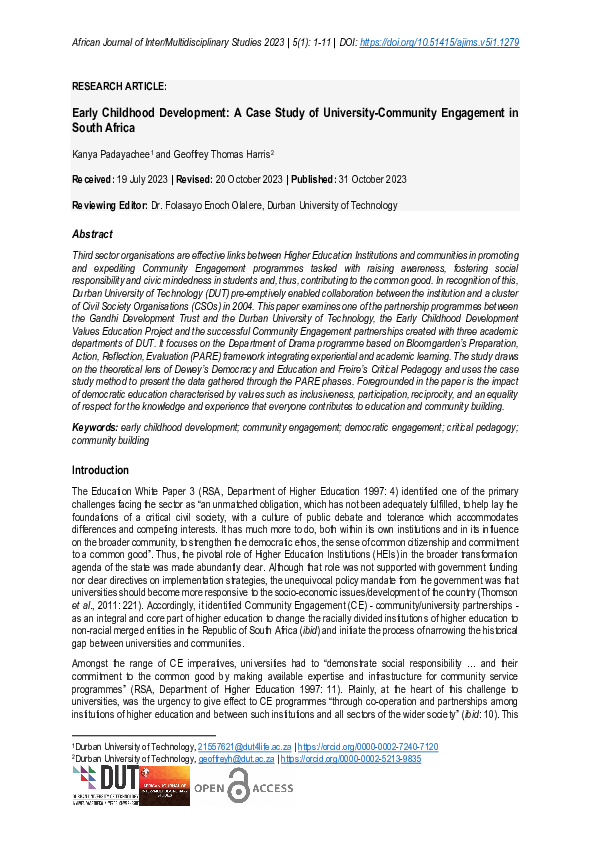 (PDF) Early Childhood Development: A Case Study of University-Community ...