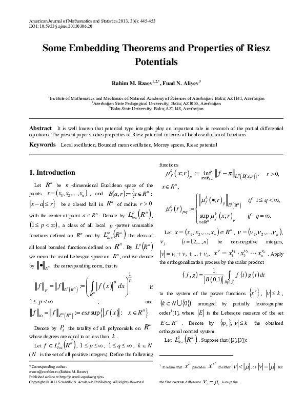 (PDF) Some Embedding Theorems and Properties of Riesz Potentials