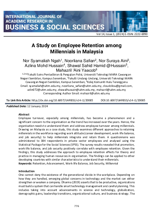 (PDF) A Study on Employee Retention among Millennials in Malaysia