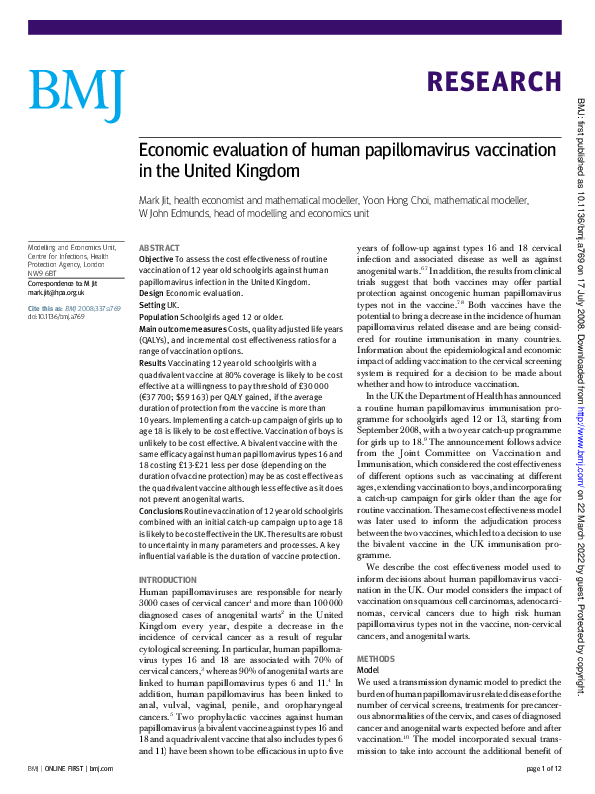 (PDF) Economic evaluation of human papillomavirus vaccination in the ...