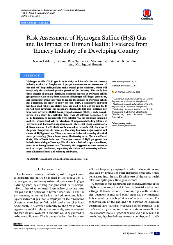 (PDF) Risk Assessment of Hydrogen Sulfide (H₂S) Gas and Its Impact on ...