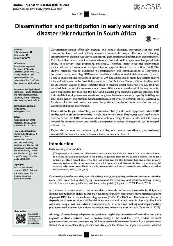 (PDF) Dissemination and participation in early warnings and disaster ...