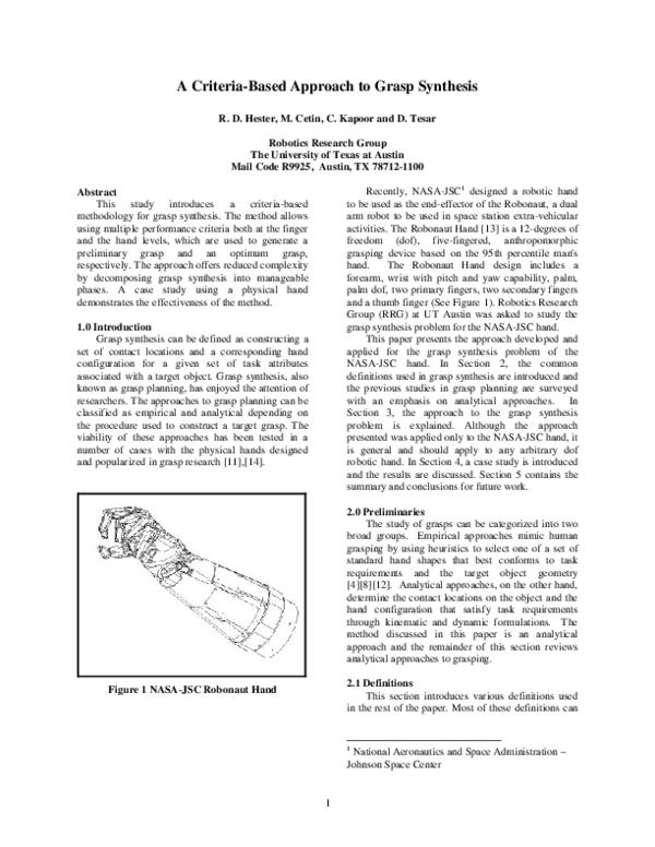 (PDF) A Criteria-Based Approach to Grasp Synthesis