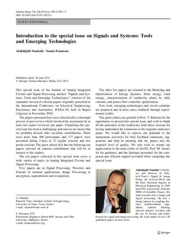 (PDF) Introduction to the special issue on Signals and Systems: Tools ...