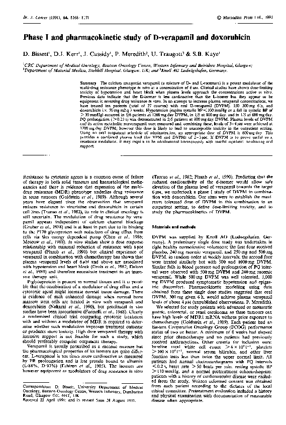 (PDF) Phase I and pharmacokinetic study of D-verapamil and doxorubicin