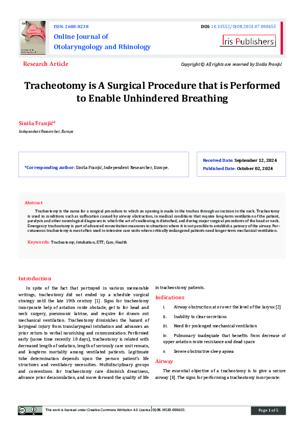 (PDF) Tracheotomy is A Surgical Procedure that is Performed to Enable ...