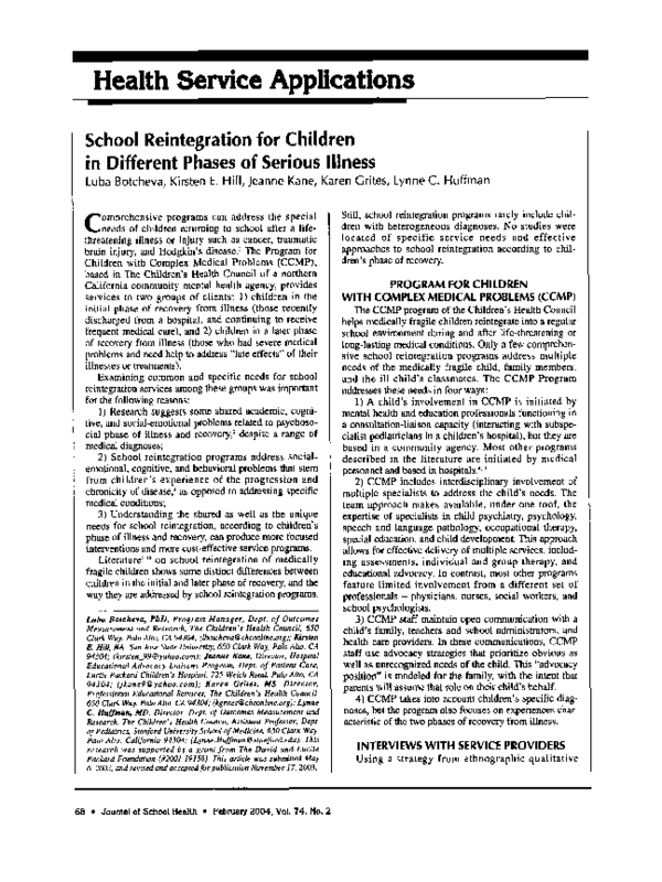 (PDF) School Reintegration for Children in Different Phases of Serious ...