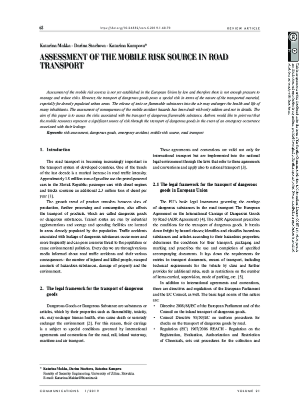 (PDF) Assessment of the Mobile Risk Source in Road Transport