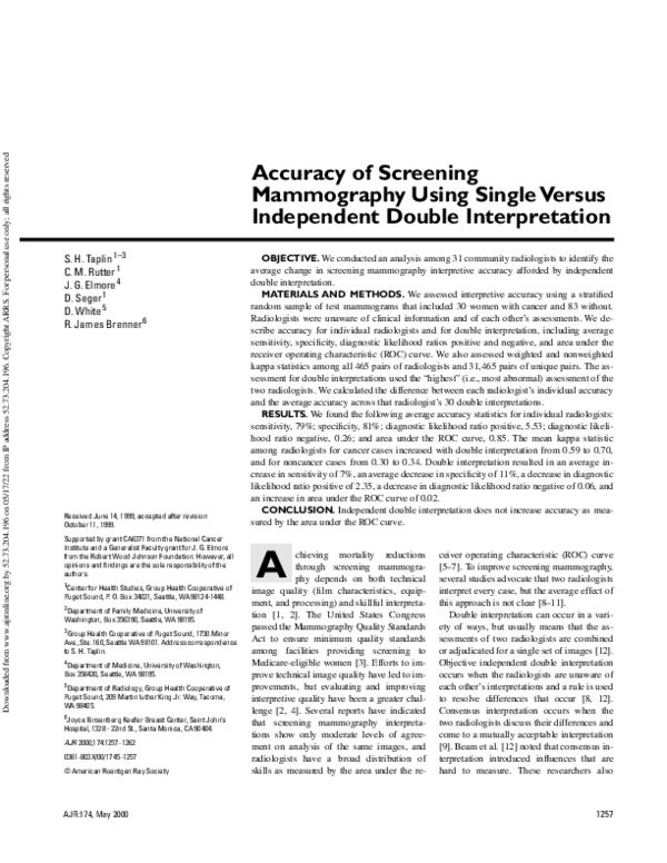 (PDF) Accuracy of Screening Mammography Using Single Versus Independent ...