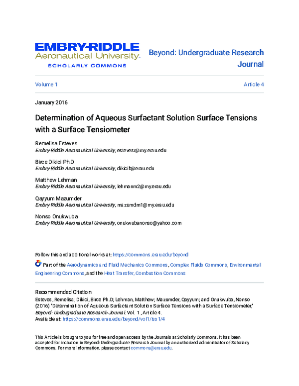 (PDF) Determination of Aqueous Surfactant Solution Surface Tensions ...
