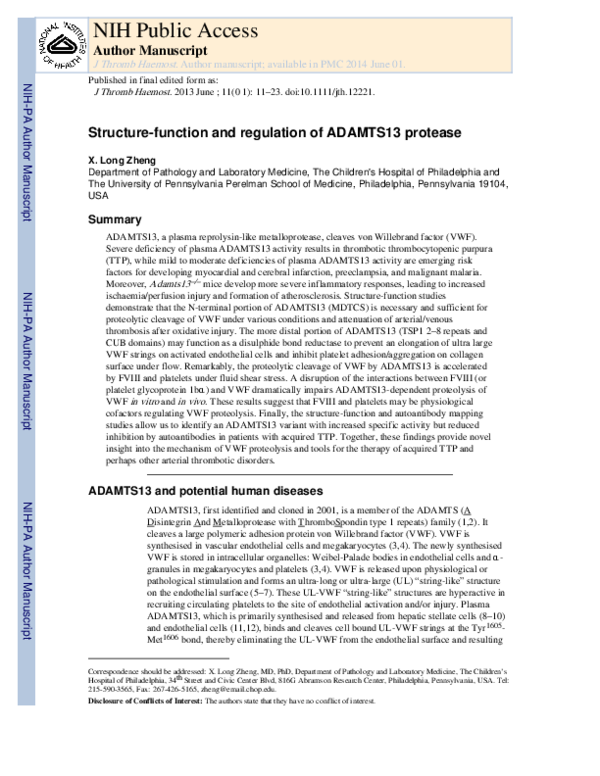 (PDF) Structure–function and regulation of ADAMTS‐13 protease