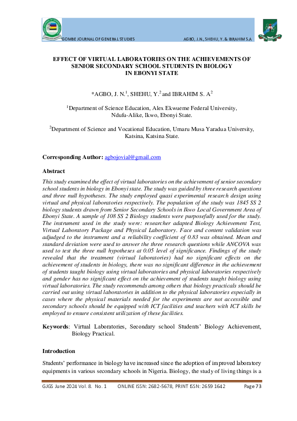 (PDF) EFFECT OF VIRTUAL LABORATORIES ON THE ACHIEVEMENTS OF SENIOR ...