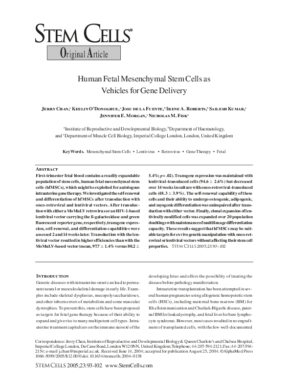 (PDF) Human Fetal Mesenchymal Stem Cells as Vehicles for Gene Delivery