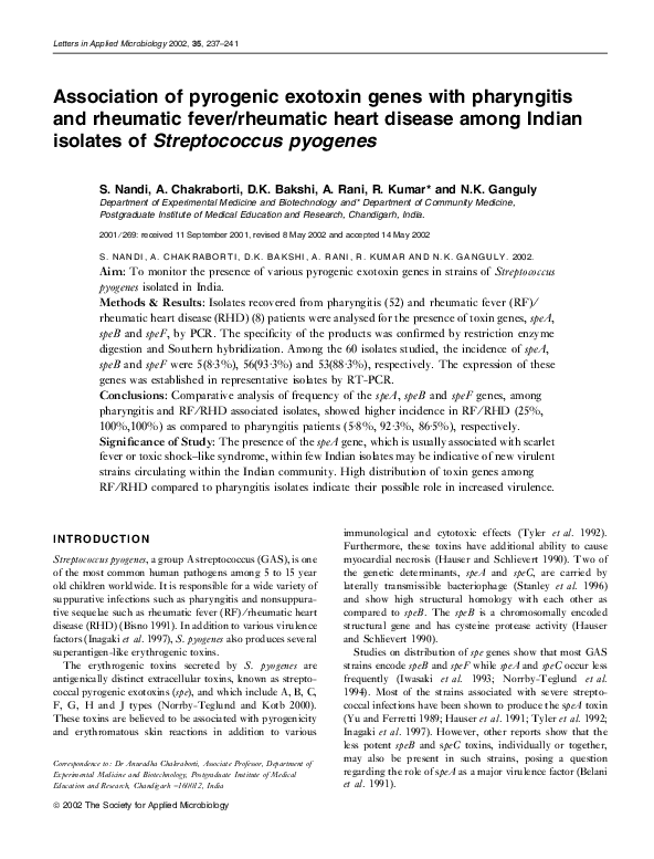 (PDF) Association of pyrogenic exotoxin genes with pharyngitis and ...