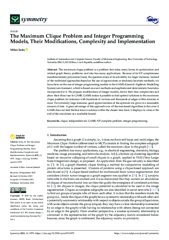 (PDF) The Maximum Clique Problem and Integer Programming Models, Their ...