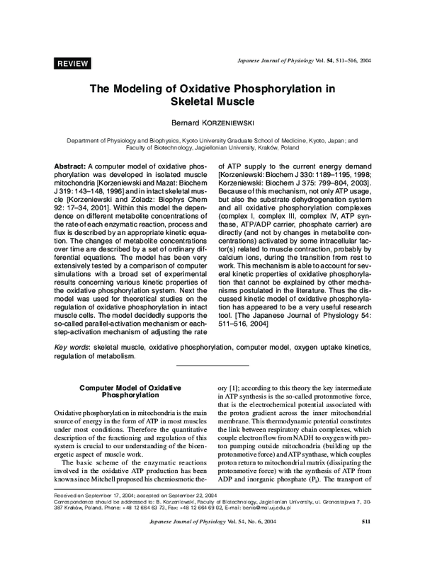 (PDF) The Modeling of Oxidative Phosphorylation in Skeletal Muscle