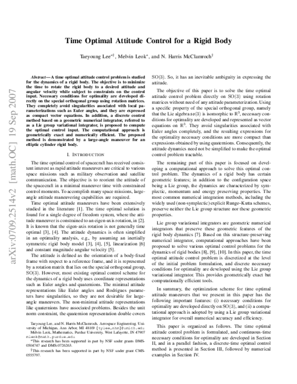 (PDF) Time optimal attitude control for a rigid body