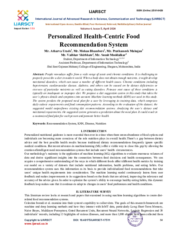 (PDF) Personalized Health-Centric Food Recommendation System