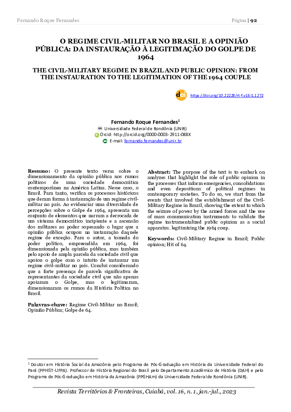 (PDF) Regime civilmilitar no Brasil e a opinião pública Fernando