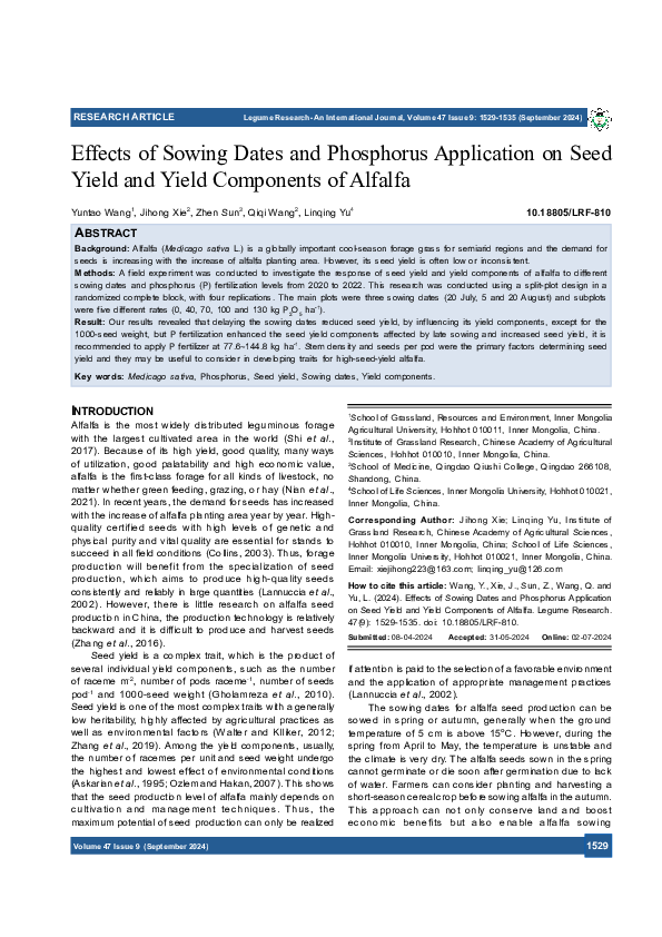 (PDF) Effects of Sowing Dates and Phosphorus Application on Seed Yield ...