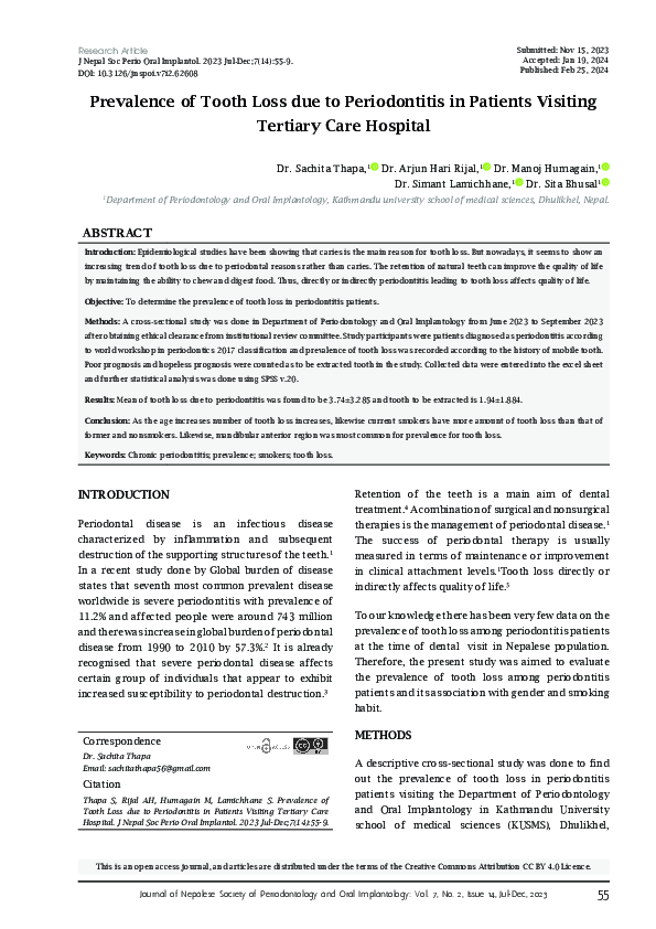 (PDF) Prevalence of Tooth Loss due to Periodontitis in Patients ...