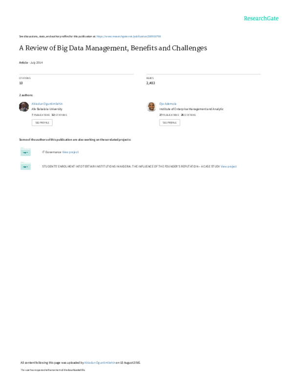 (PDF) A Review of Big Data Management, Benefits and Challenges