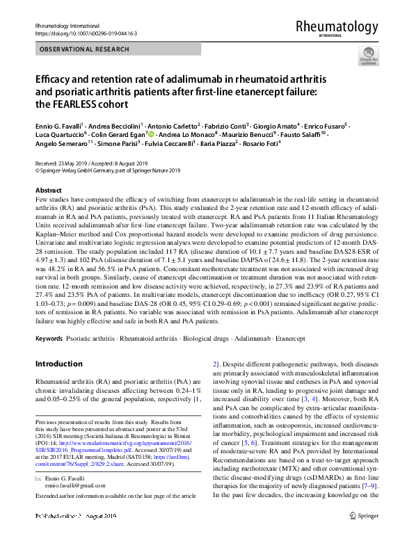 (PDF) Efficacy and retention rate of adalimumab in rheumatoid arthritis ...