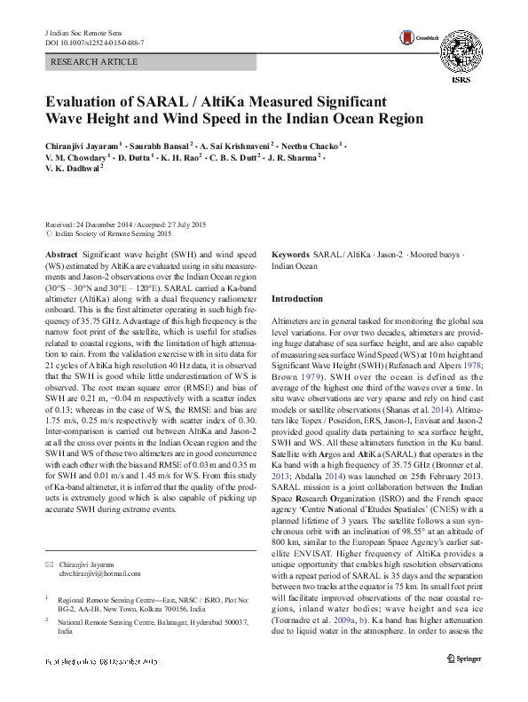 (PDF) Evaluation of SARAL / AltiKa Measured Significant Wave Height and ...