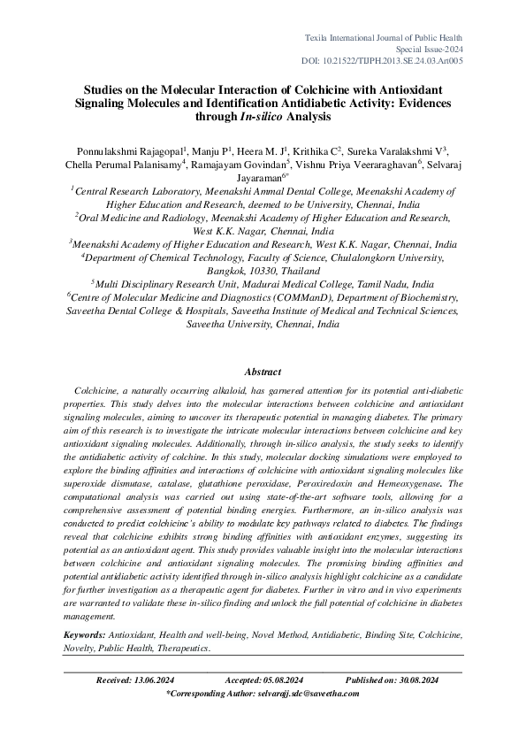 Studies on the Molecular Interaction of Colchicine with Antioxidant Signaling Molecules and Identification Antidiabetic Activity: Evidences through In-silico Analysis