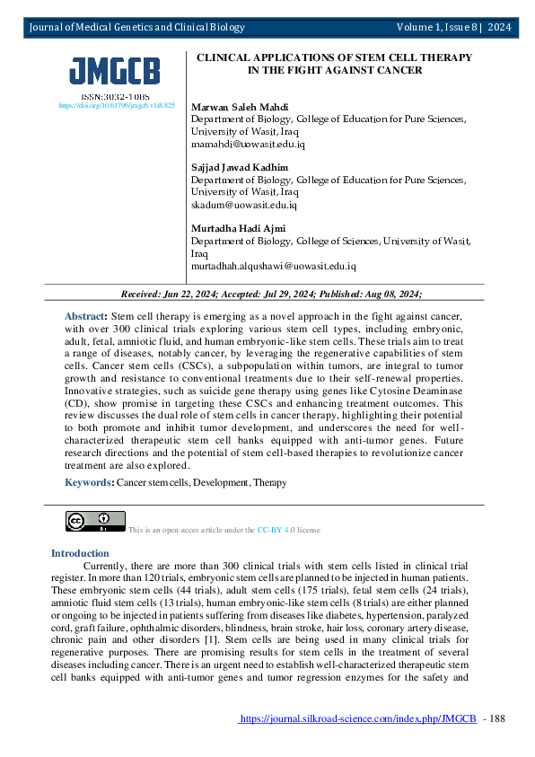 (PDF) CLINICAL APPLICATIONS OF STEM CELL THERAPY IN THE FIGHT AGAINST ...