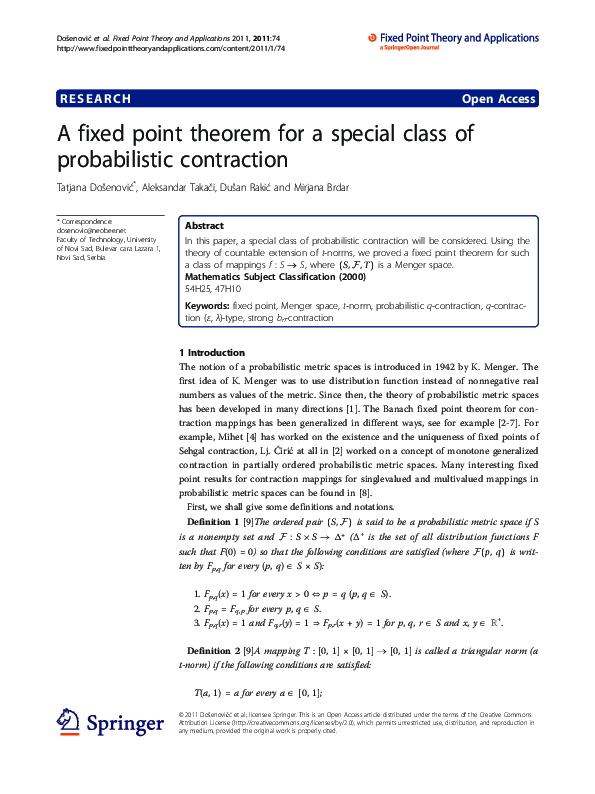 (PDF) A fixed point theorem for a special class of probabilistic ...