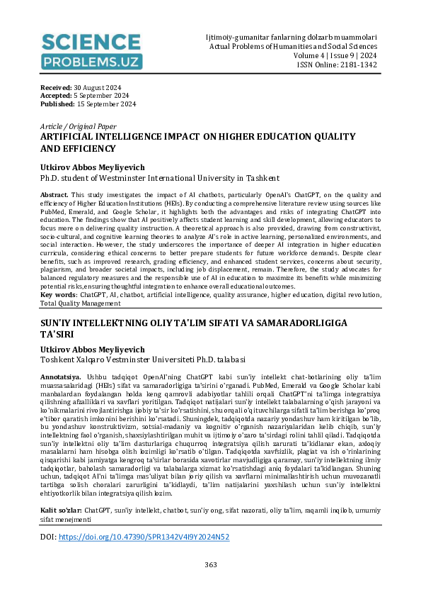 (PDF) Artificial Intelligence impact on higher education quality and ...