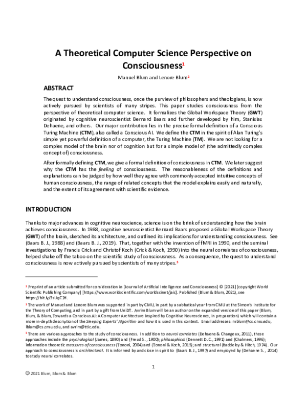 (PDF) A Theoretical Computer Science Perspective on Consciousness