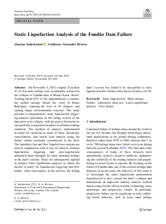 (PDF) Static liquefaction analysis of the Fundão dam failure