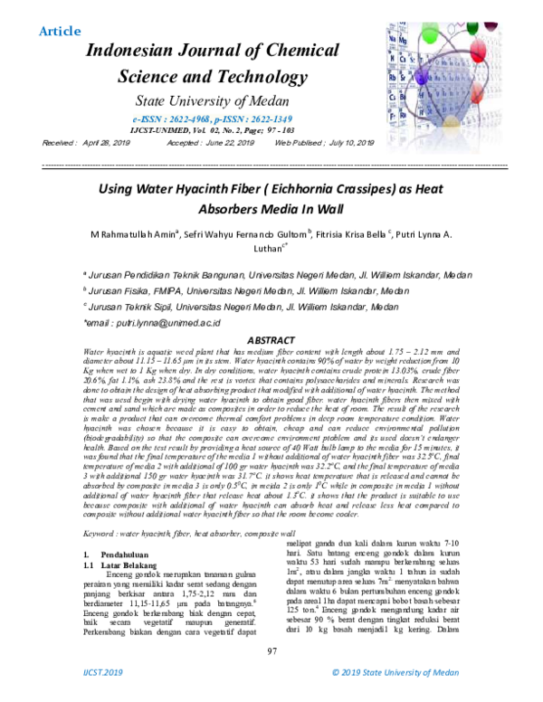 (PDF) Using Water Hyacinth Fiber ( Eichhornia Crassipes) as Heat ...