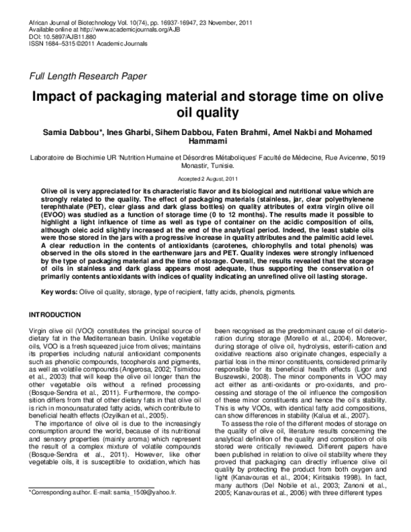(PDF) Impact of packaging material and storage time on olive oil quality
