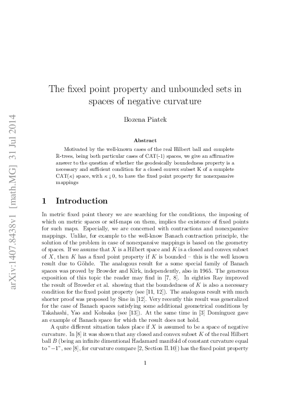 (PDF) The fixed point property and unbounded sets in spaces of negative ...