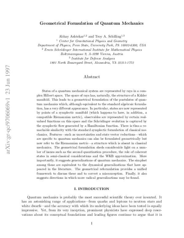 (PDF) Geometrical Formulation of Quantum Mechanics