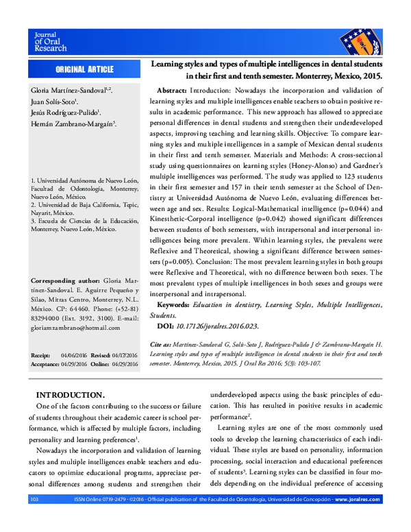 (PDF) Learning styles and types of multiple intelligences in dental ...