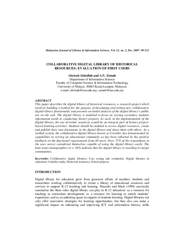 Pdf Collaborative Digital Library Of Historical Resources Evaluation