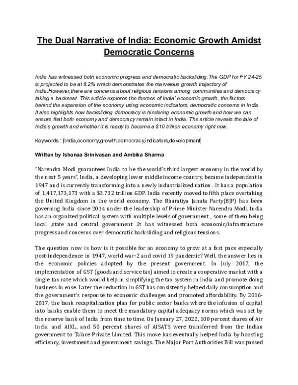 (PDF) The Dual Narrative of India: Economic Growth Amidst Democratic ...