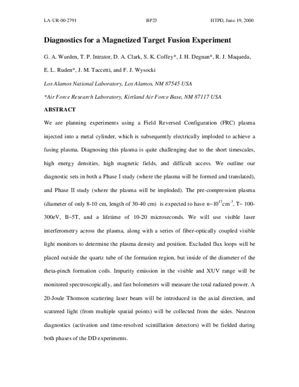 (PDF) Diagnostics for a magnetized target fusion experiment | Edward ...