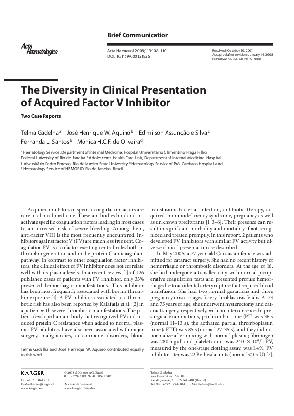 (PDF) The Diversity in Clinical Presentation of Acquired Factor V Inhibitor