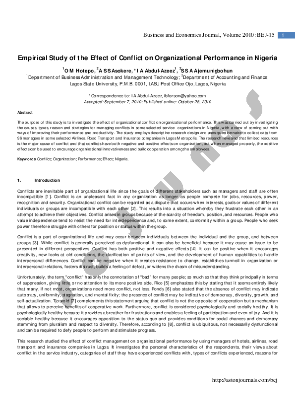 (PDF) Empirical Study of the Effect of Conflict on Organizational ...