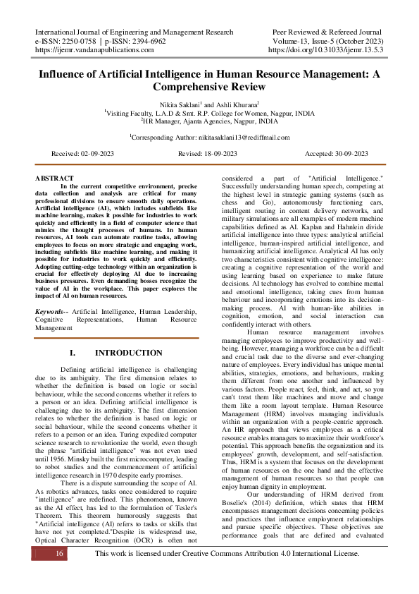 (PDF) Influence of Artificial Intelligence in Human Resource Management ...