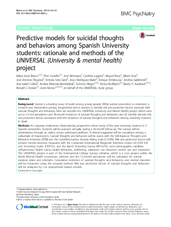 (PDF) Predictive models for suicidal thoughts and behaviors among ...
